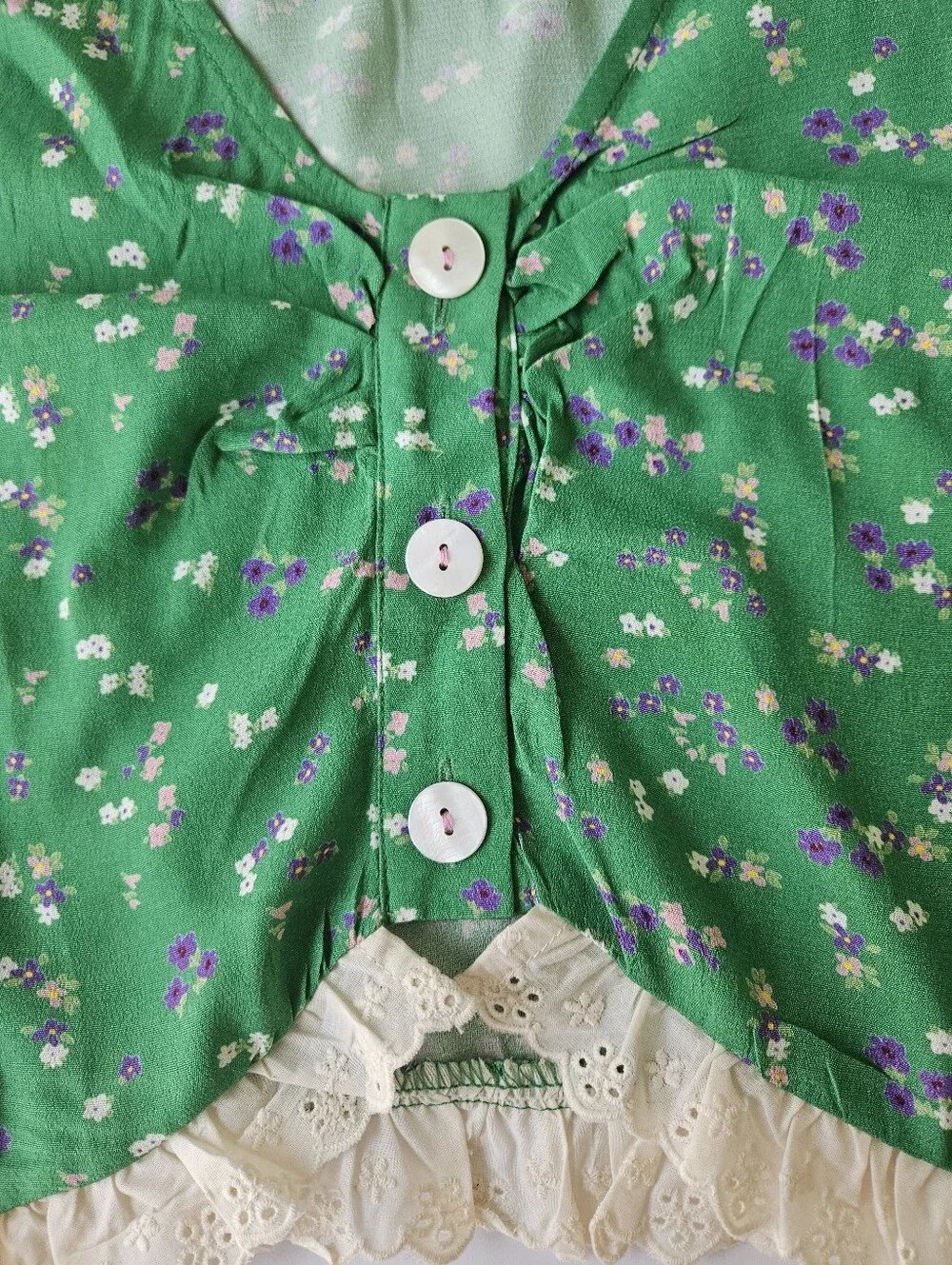 ee:some Floral 2 Piece Set Medium Green Tank Top Shorts Lace Trim Cottagecore